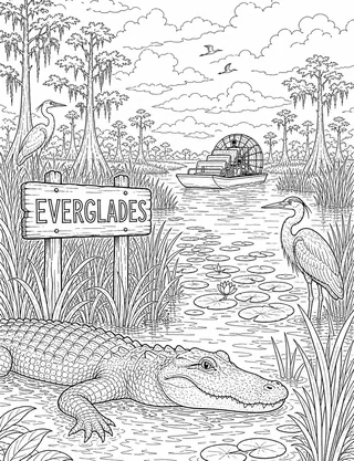Detailed coloring page of Everglades sawgrass river with alligator featuring Everglades sign