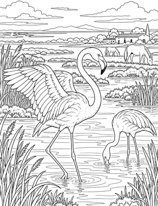 Detailed coloring page of Camargue Flamingo Marsh