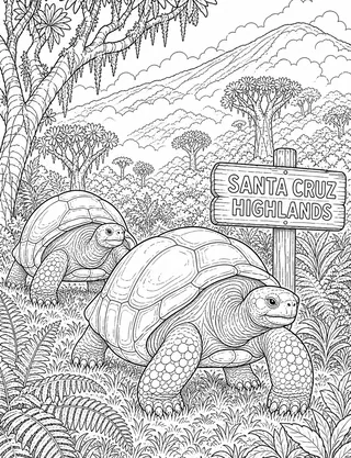 Detailed coloring page of Giant tortoises in the Santa Cruz highlands featuring Santa Cruz Highlands sign