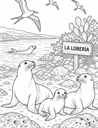 Detailed coloring page of Sea lions at La Lobería featuring La Lobería sign