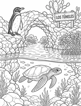 Detailed coloring page of Los Túneles lava arches with penguins and turtles featuring Los Túneles sign