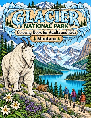 Glacier National Park Coloring Book for Adults cover illustration by Louisa May Carson