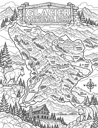 Illustrated travel map of Glacier National Park landmarks and attractions