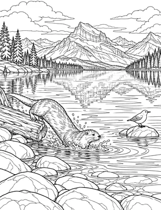 Detailed coloring page of Lake McDonald Shoreline and Peaks