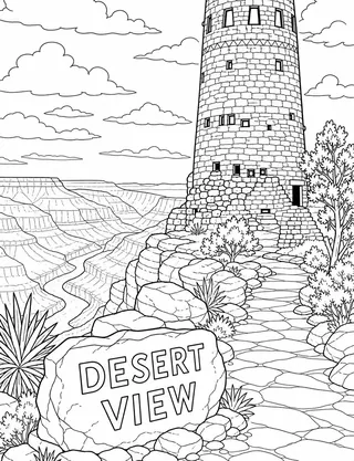 Detailed coloring page of Desert View Watchtower panorama featuring Desert View sign