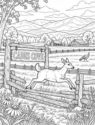 Detailed coloring page of Cades Cove Deer Fence Leap