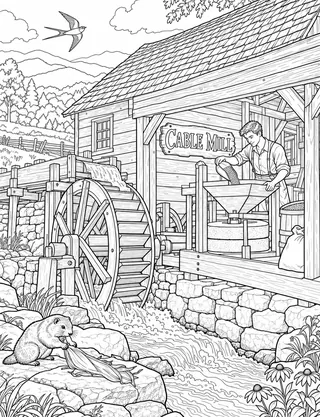 Detailed coloring page of Cable Mill Corn Grinding Demonstration