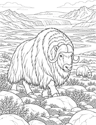Detailed coloring page of Kangerlussuaq musk ox tundra