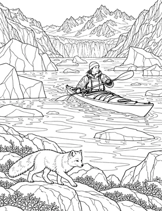 Detailed coloring page of Sermilik Fjord kayak expedition
