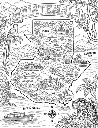 Illustrated travel map of Guatemala landmarks and attractions