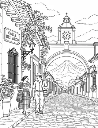 Detailed coloring page of Santa Catalina Arch with Volcan de Agua in Antigua featuring Calle Del Arco sign