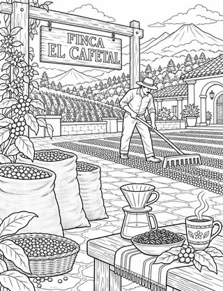 Detailed coloring page of Guatemalan Highland Coffee Finca Harvest and Drying Patio featuring Finca El Cafetal sign