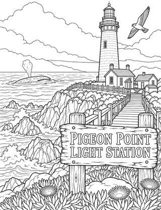Detailed coloring page of Pigeon Point Light Station and gray whale