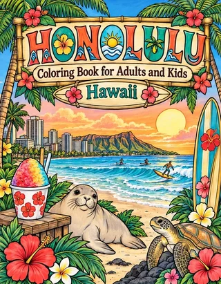 Honolulu Coloring Book for Adults cover illustration by Louisa May Carson