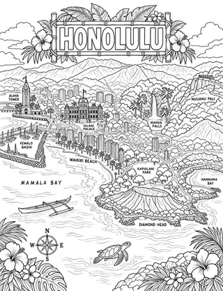 Illustrated travel map of Honolulu landmarks and attractions