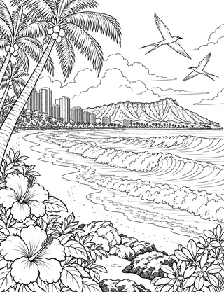 Detailed coloring page of Waikiki Beach and Diamond Head crater