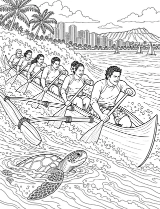 Detailed coloring page of Traditional outrigger canoe surf ride