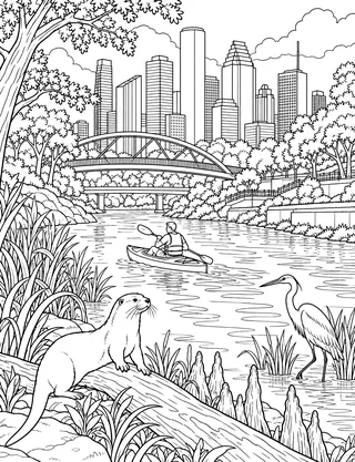 Detailed coloring page of Buffalo Bayou skyline paddle