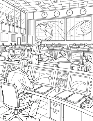 Detailed coloring page of Historic Mission Control