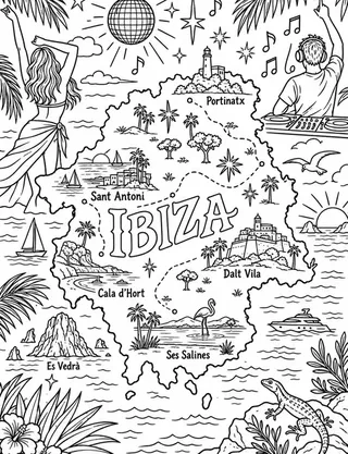 Illustrated travel map of Ibiza landmarks and attractions