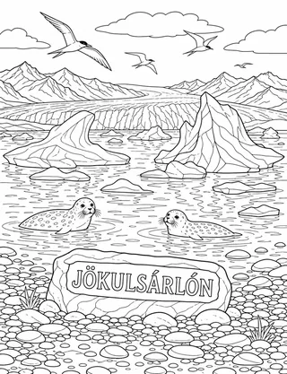 Detailed coloring page of Jökulsárlón glacier lagoon with seals and icebergs featuring Jökulsárlón sign