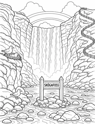 Detailed coloring page of Skógafoss waterfall and rainbow-like mist arcs featuring Skógafoss sign