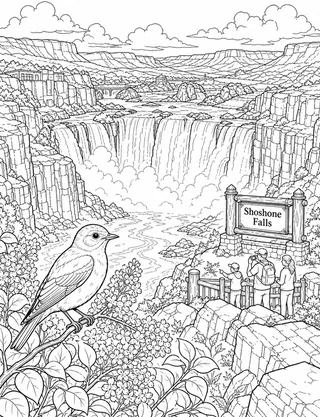 Detailed coloring page of Shoshone Falls from the Snake River canyon featuring Shoshone Falls sign