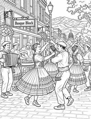 Detailed coloring page of Boise Basque Block festival featuring Basque Block sign