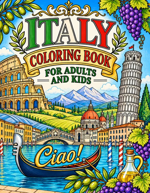 Italy Coloring Book for Adults cover illustration by Louisa May Carson