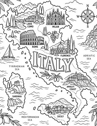 Illustrated travel map of Italy landmarks and attractions