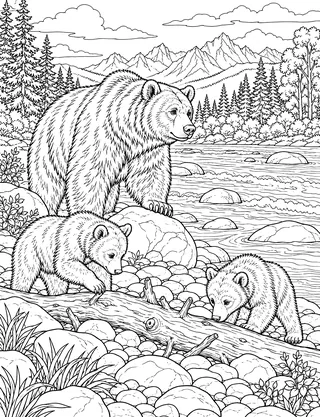 Detailed coloring page of Grizzly bear sow and cubs at Gros Ventre River