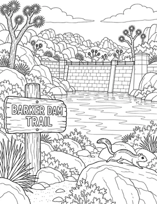 Detailed coloring page of Barker Dam Historic Water Structure