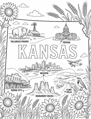 Illustrated travel map of Kansas landmarks and attractions