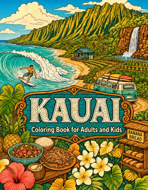 Kauai Coloring Book for Adults cover illustration by Louisa May Carson