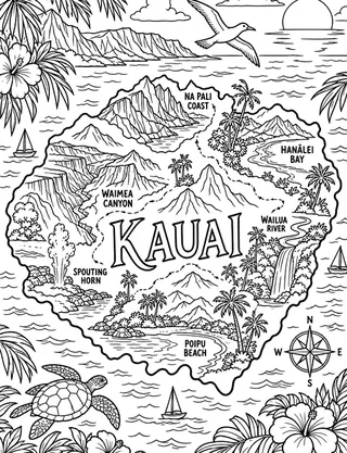 Illustrated travel map of Kauai landmarks and attractions