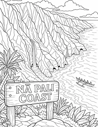 Detailed coloring page of Sweeping Nā Pali Coast with fluted cliffs featuring Nā Pali Coast sign