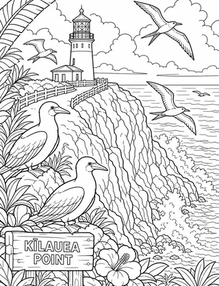 Detailed coloring page of Kīlauea Point Lighthouse featuring Kīlauea Point sign
