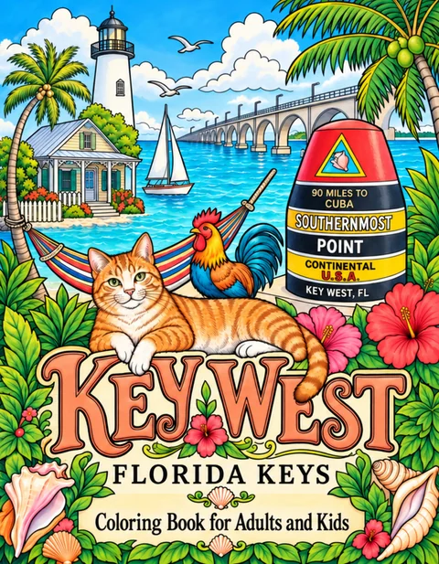 Key West Coloring Book for Adults cover illustration by Louisa May Carson