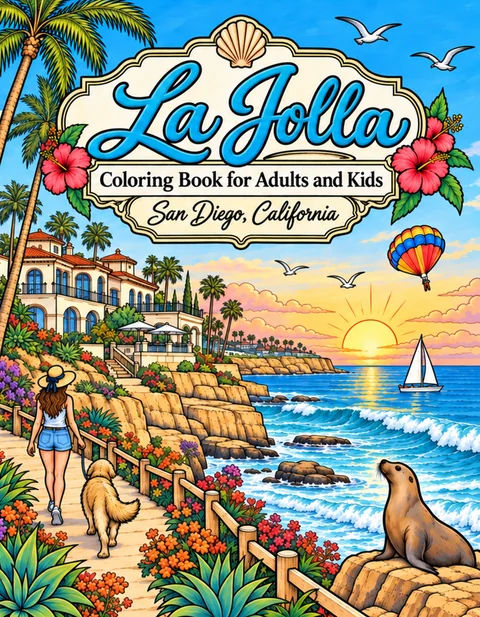La Jolla Coloring Book for Adults cover illustration by Louisa May Carson