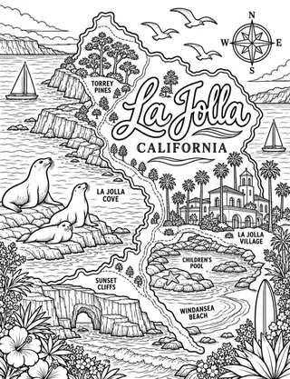 Illustrated travel map of La Jolla landmarks and attractions