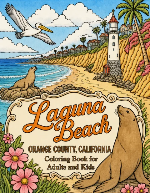Laguna Beach Coloring Book for Adults cover illustration by Louisa May Carson
