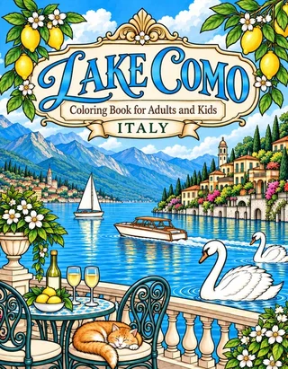 Lake Como Coloring Book for Adults cover illustration by Louisa May Carson