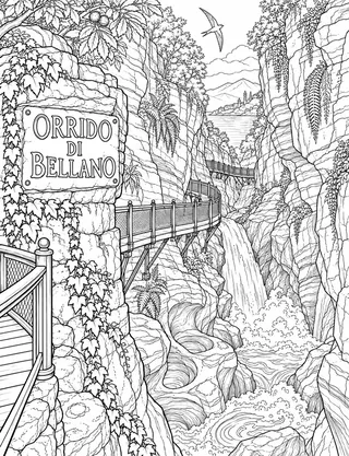 Detailed coloring page of Orrido di Bellano Natural Rock Gorge