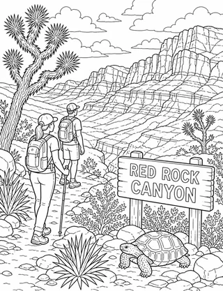 Detailed coloring page of Red Rock Canyon Overlook featuring Red Rock Canyon sign