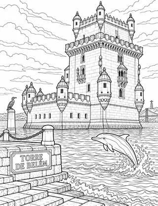 Detailed coloring page of Belém Tower River Sentinel
