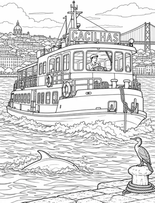 Detailed coloring page of Tagus Cacilheiro Crossing featuring Cacilhas sign