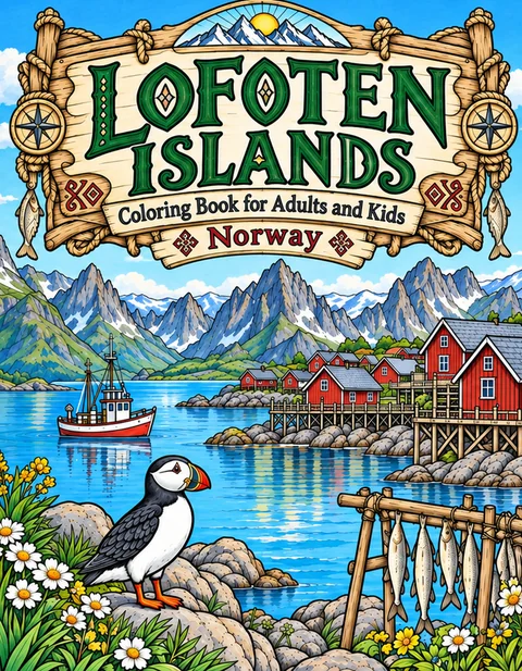 Lofoten Islands Coloring Book for Adults cover illustration by Louisa May Carson
