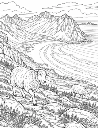 Detailed coloring page of Kvalvika Beach viewed from Mount Ryten ridge
