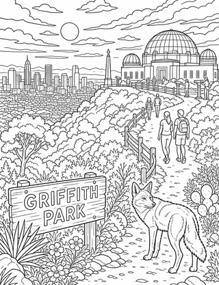 Detailed coloring page of Griffith Park Observatory Panorama featuring Griffith Park sign