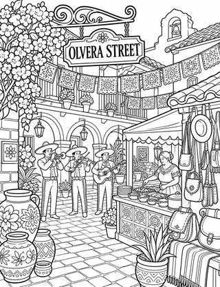 Detailed coloring page of Olvera Street Courtyard featuring Olvera Street sign